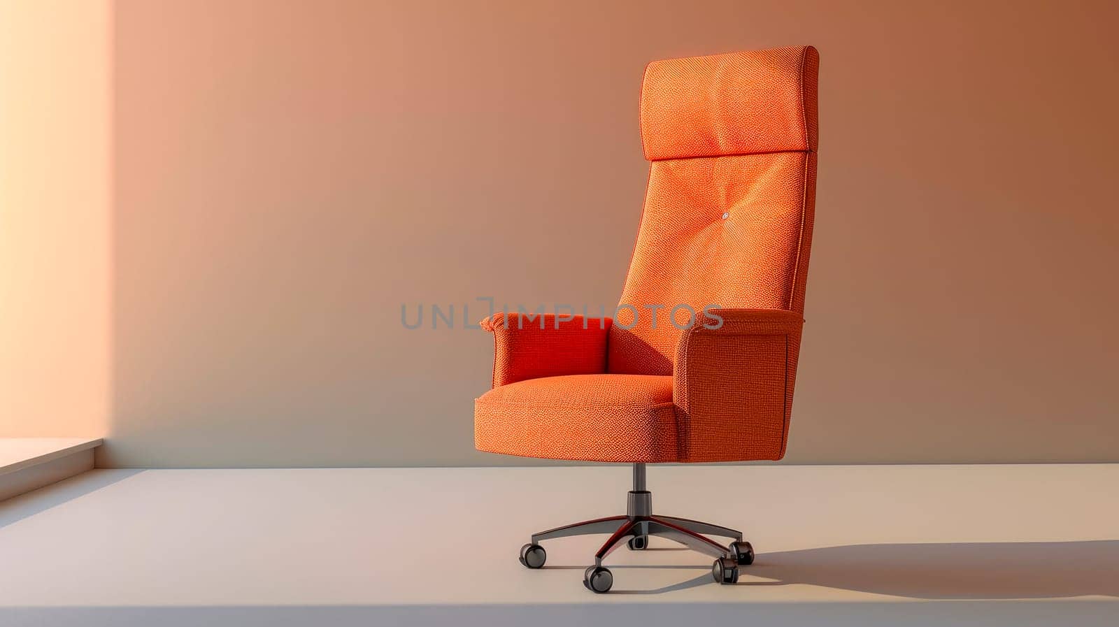 An office chair in the empty minimalist room. Business interior background, copy space. AI generated