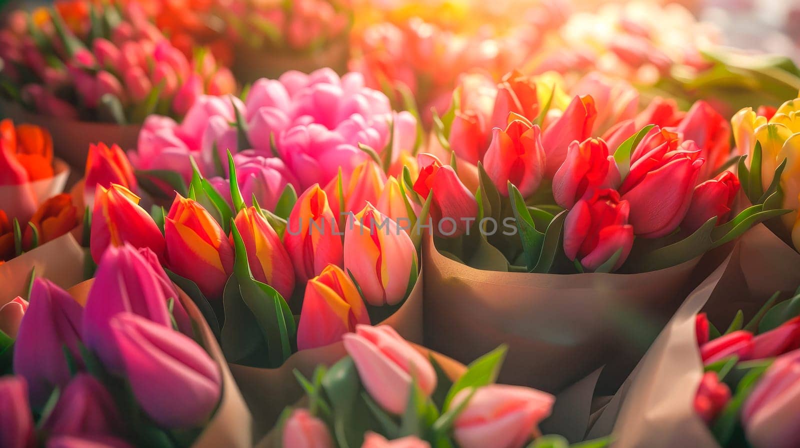 Close-up view of many wrapped tulip bouquets of different color tulips. AI generated