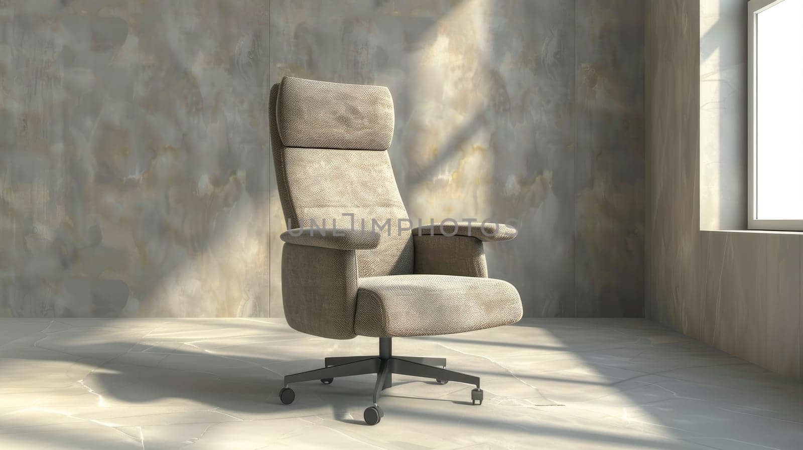 An office chair in the empty grey room. Business interior background, copy space. AI generated