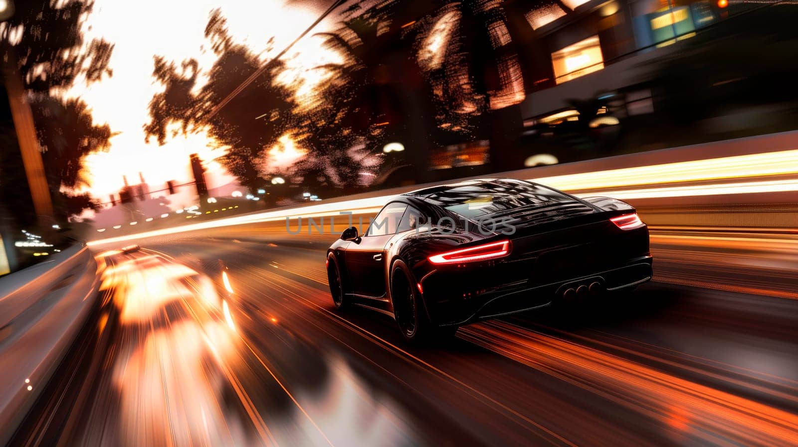 Back view of a car drives through an illuminated night city street. AI generated