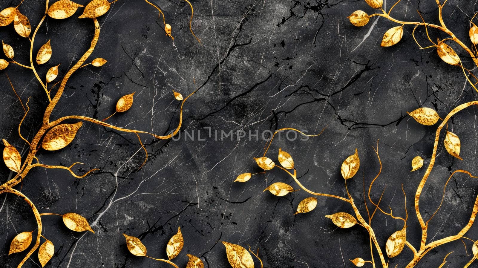 Shiny golden leaves creatively arranged on a black stone background. AI generated