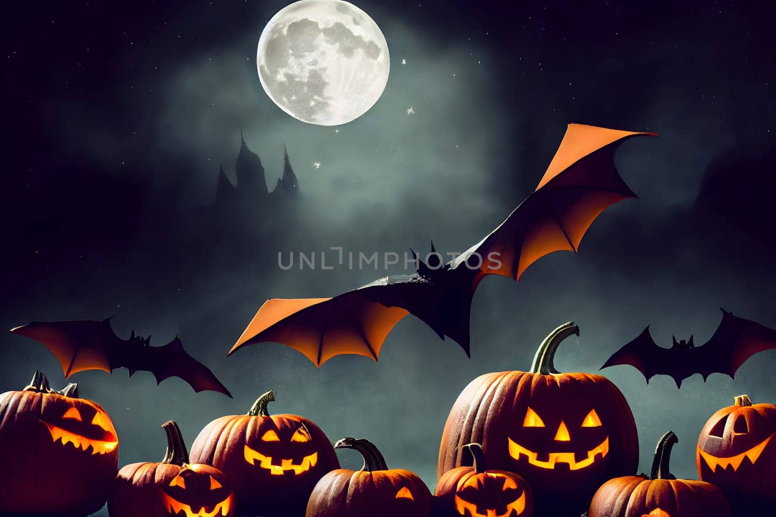 halloween background, bats, pumpkins, full moon and stars at night, neural network generated art. Digitally generated image. Not based on any actual scene or pattern.