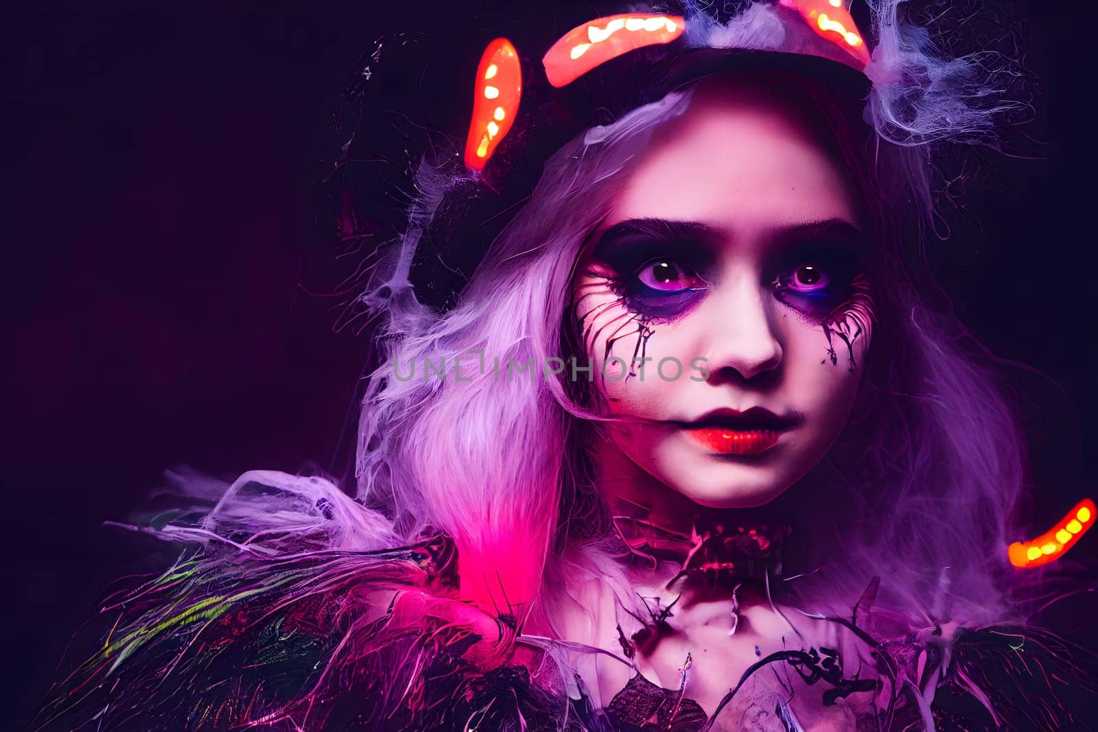 Halloween witch makeup girl in stylish costume at halloween celebration night, neural network generated art. Digitally generated image. Not based on any actual scene or pattern.