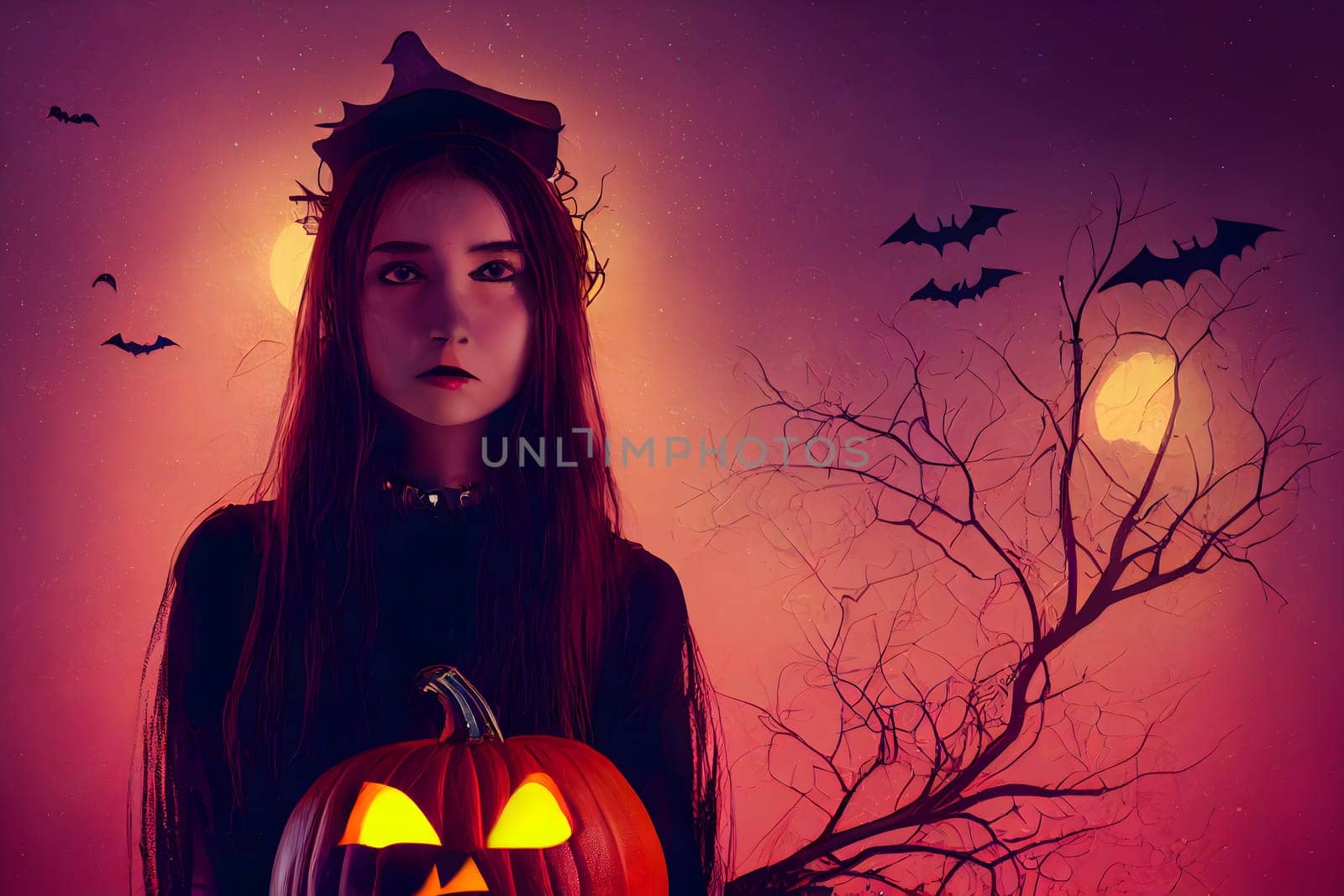 Halloween witch makeup girl in stylish costume at halloween celebration night, neural network generated art. Digitally generated image. Not based on any actual scene or pattern.