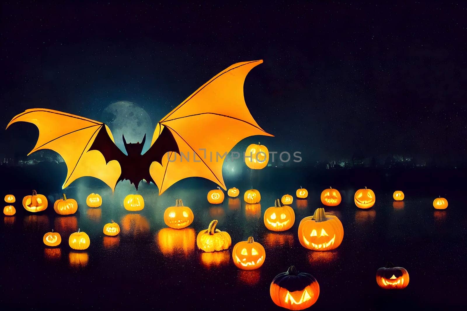 halloween background, bats, pumpkins, reflections on water, large full moon and stars at night, neural network generated art. Digitally generated image. Not based on any actual scene or pattern.