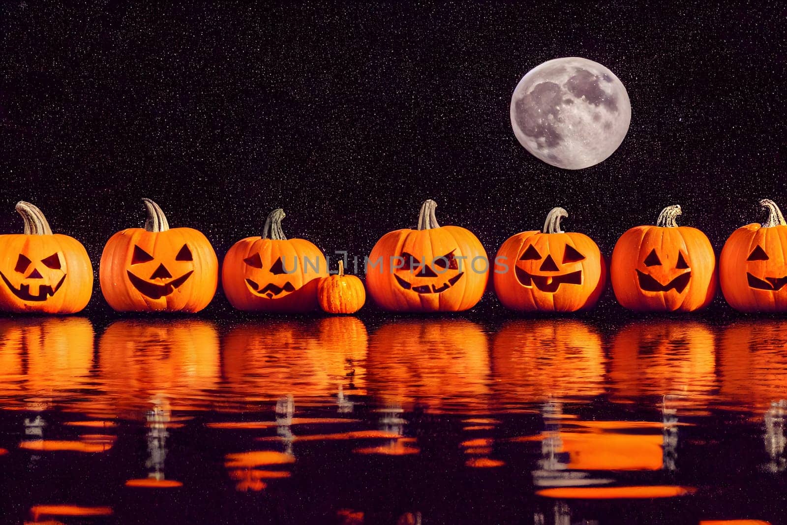 halloween background - row of carved pupmkin heads reflecting in the water with full Moon night sky, neural network generated art. Digitally generated image. Not based on any actual scene or pattern.