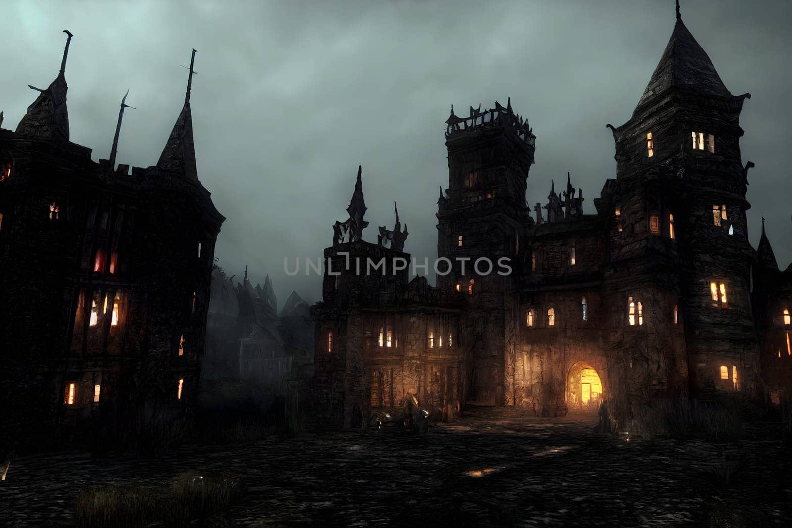 grim and dark medieval gothic castle inner yard, neural network generated art. Digitally generated image. Not based on any actual scene or pattern.