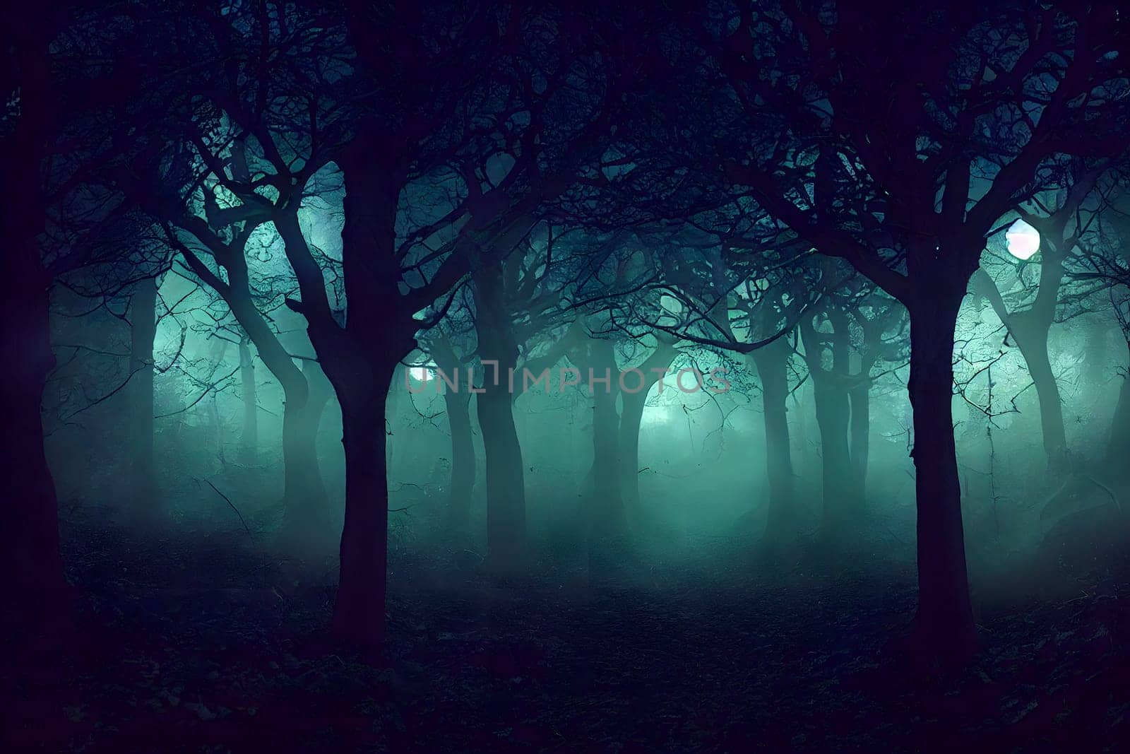 spooky dark foggy empty forest, neural network generated art. Digitally generated image. Not based on any actual scene or pattern.