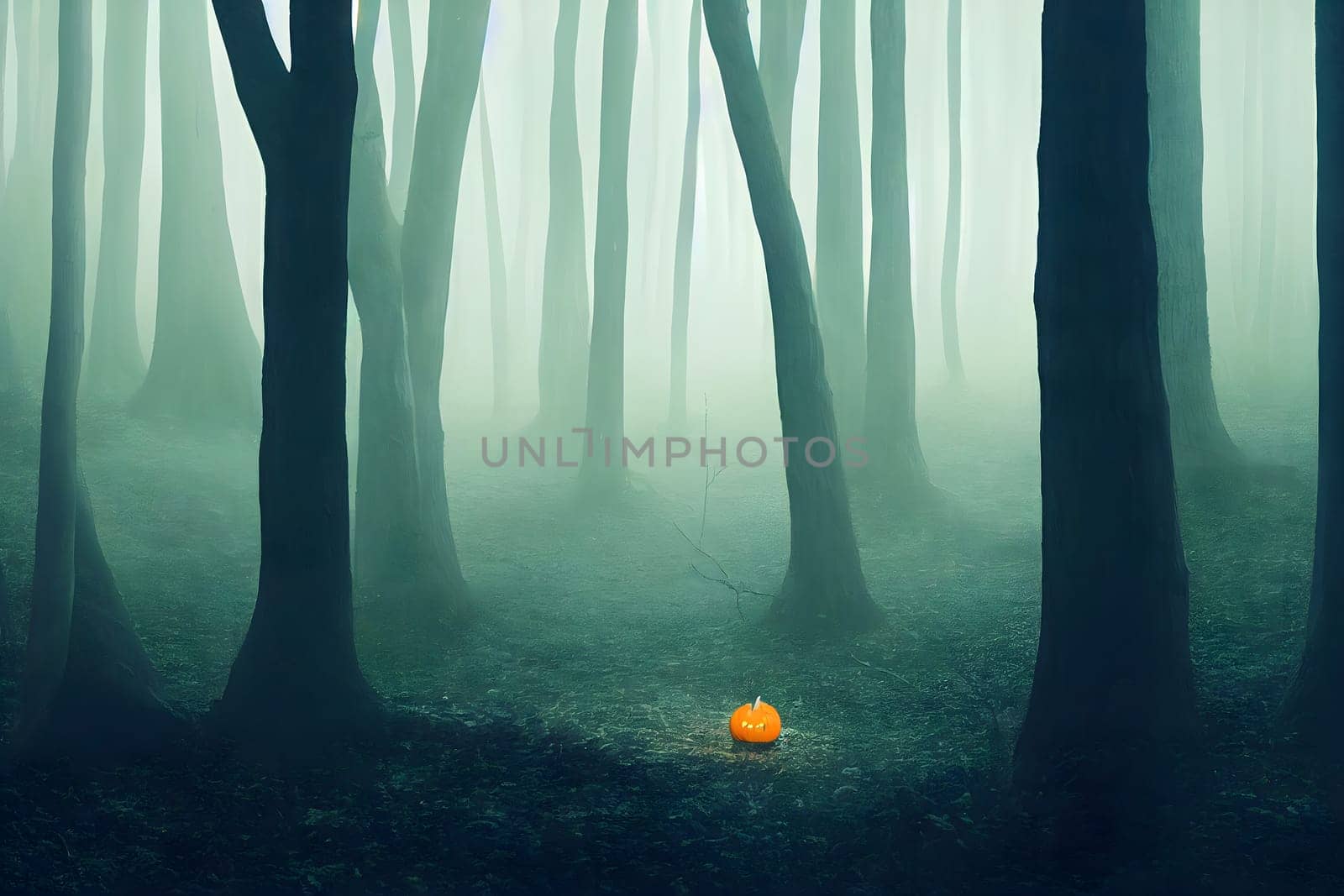 one small pumpkin lantern in spooky dark foggy forest, neural network generated art. Digitally generated image. Not based on any actual scene or pattern.