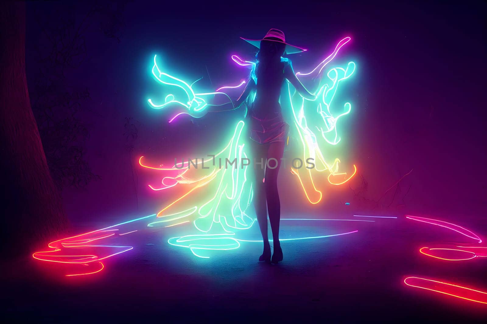 dreamy unrecognizable woman silhouette with colorful neon fumes black conical judenhat, neural network generated art. Digitally generated image. Not based on any actual scene or pattern.