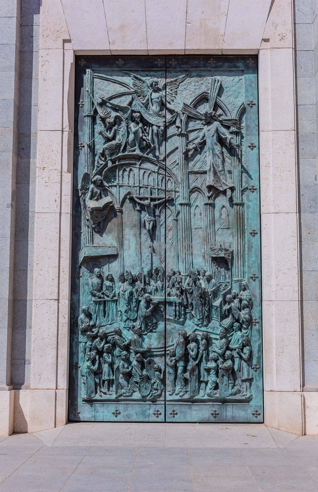 Madrid, Spain: April 24, 2024: Door detail of the Almudena Cathedral in Madrid, Spain
