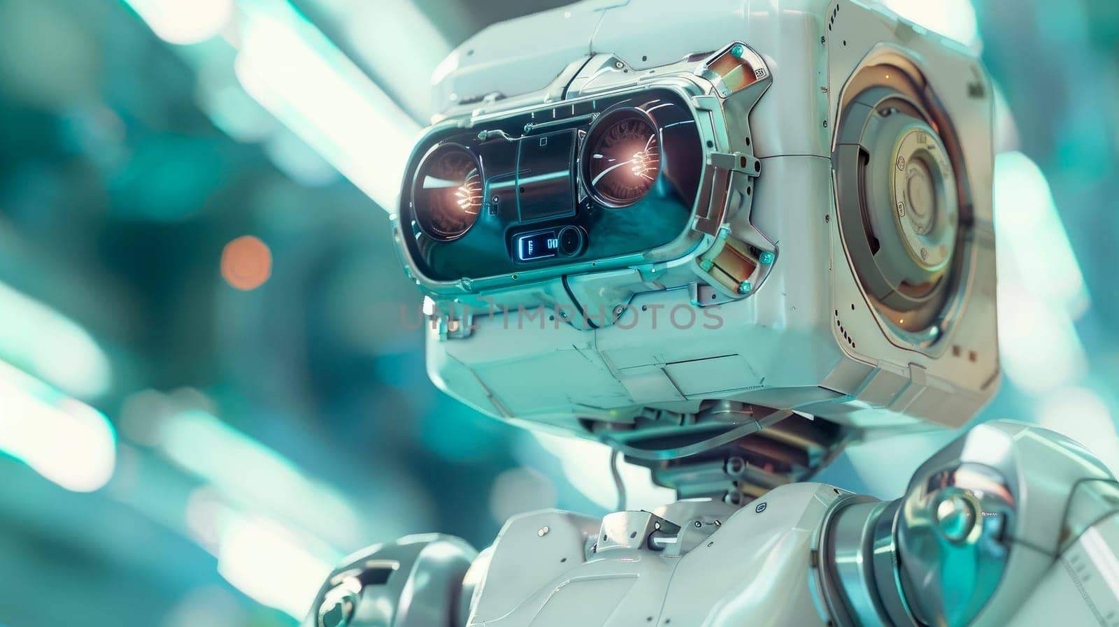Cybernetic head of robot close-up. Sci-fi futuristic concept. AI generated