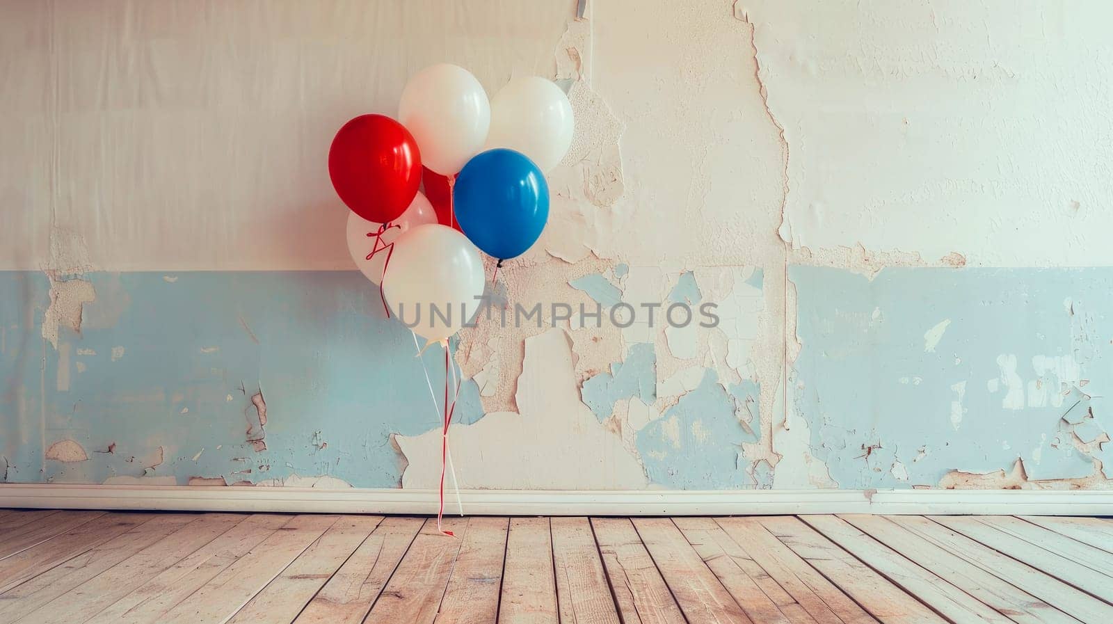 Patriotic Independence Day, 4th of July. Empty abandoned room with festive red,blue and white balloons. AI generated