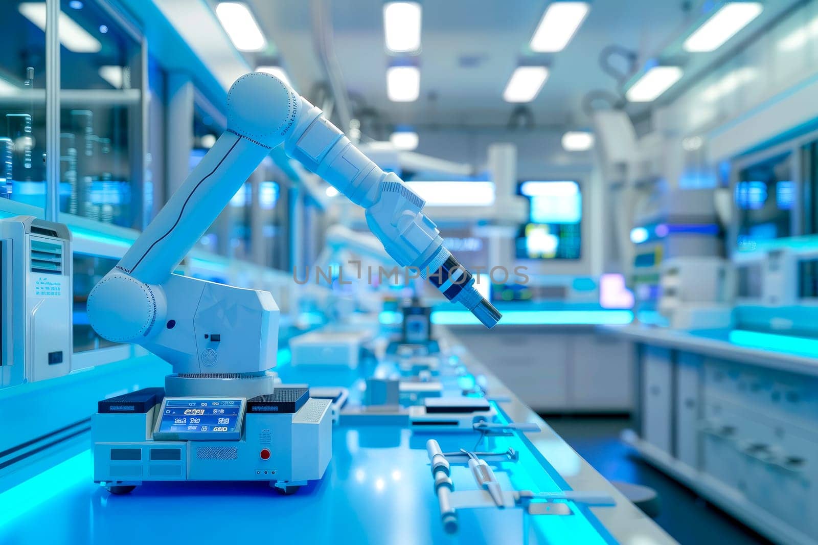 AI robotic arm operates in a high tech research laboratory with modern equipment. AI generated