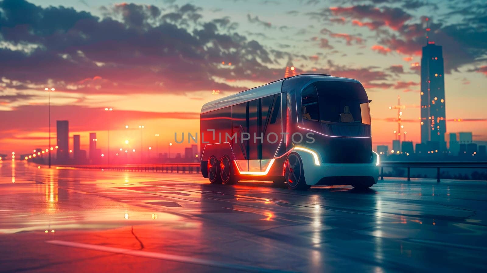 Futuristic autonomous lorry on city road at night. Cargo transportation of the future. AI generated