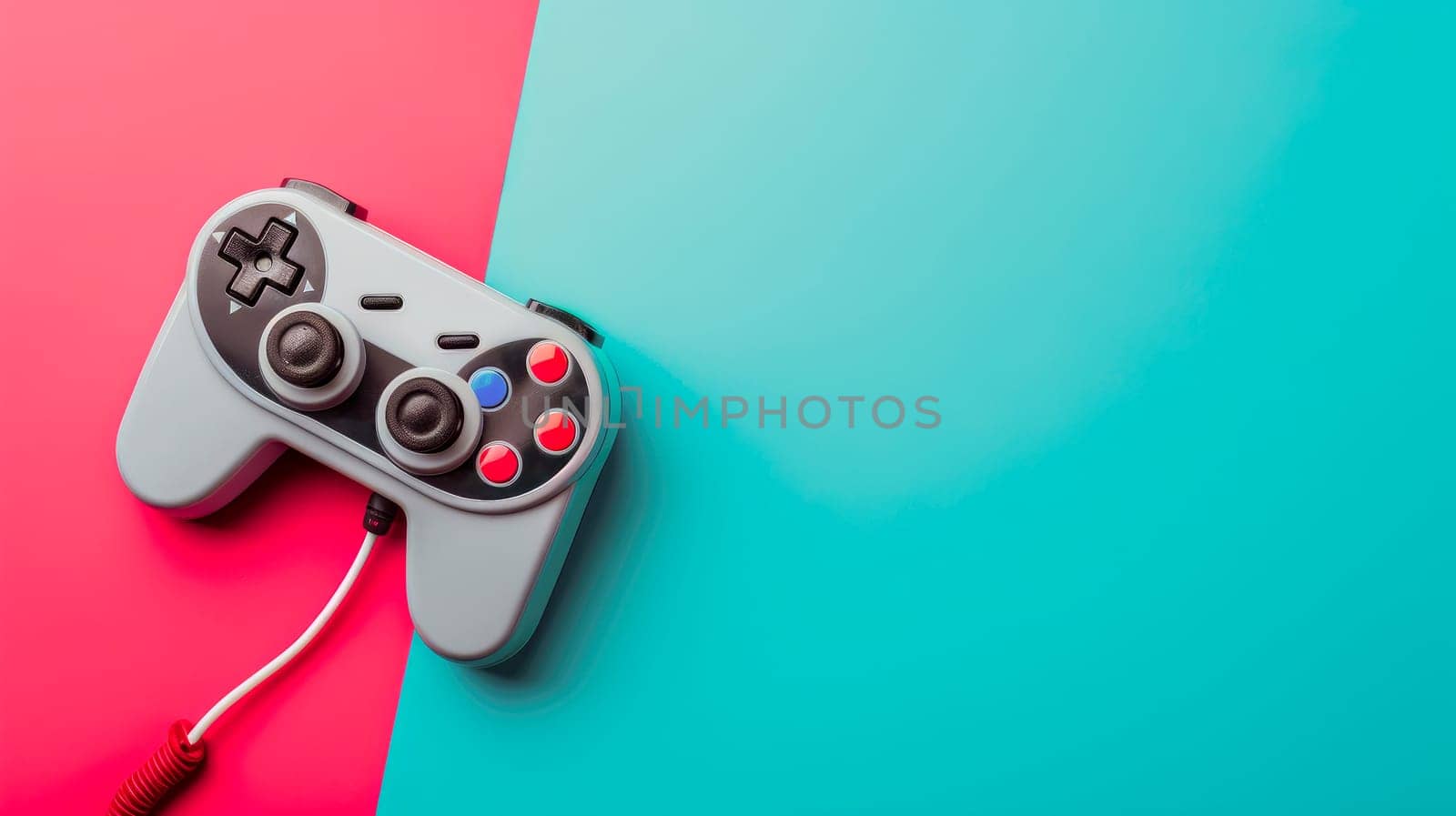Gaming concept. Top view retro joystick on a color background. AI generated