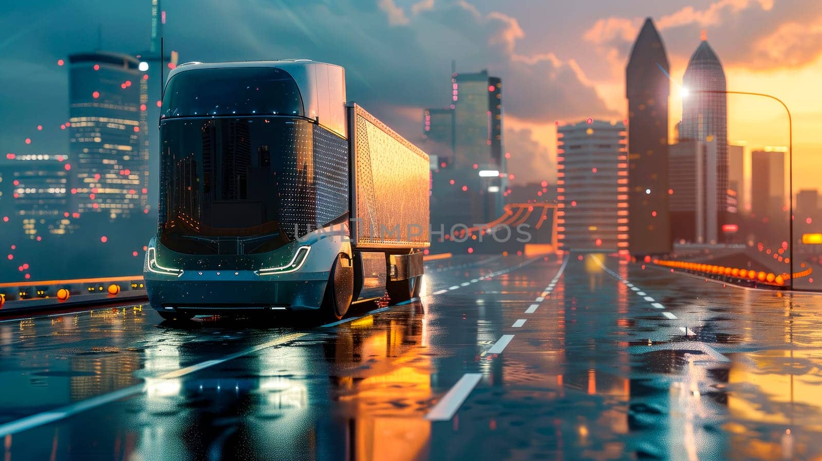 Futuristic autonomous lorry on city road at night. Cargo transportation of the future. AI generated
