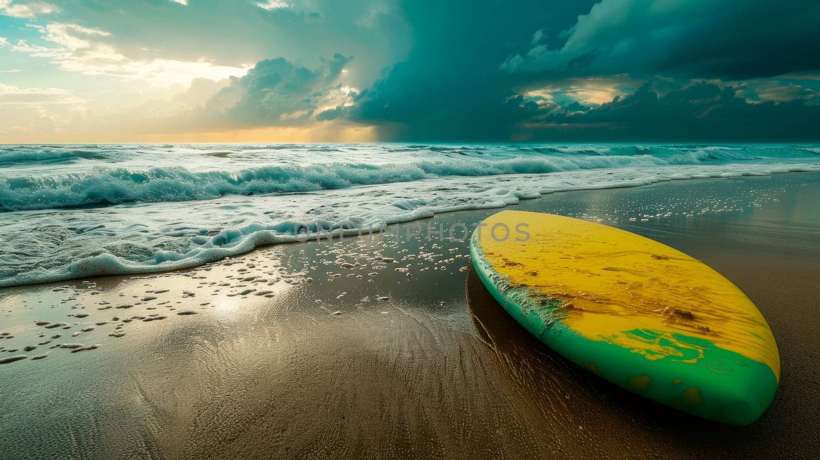A  surfboard lying on the beach sand with a wavy sea and stormy sky. AI generated