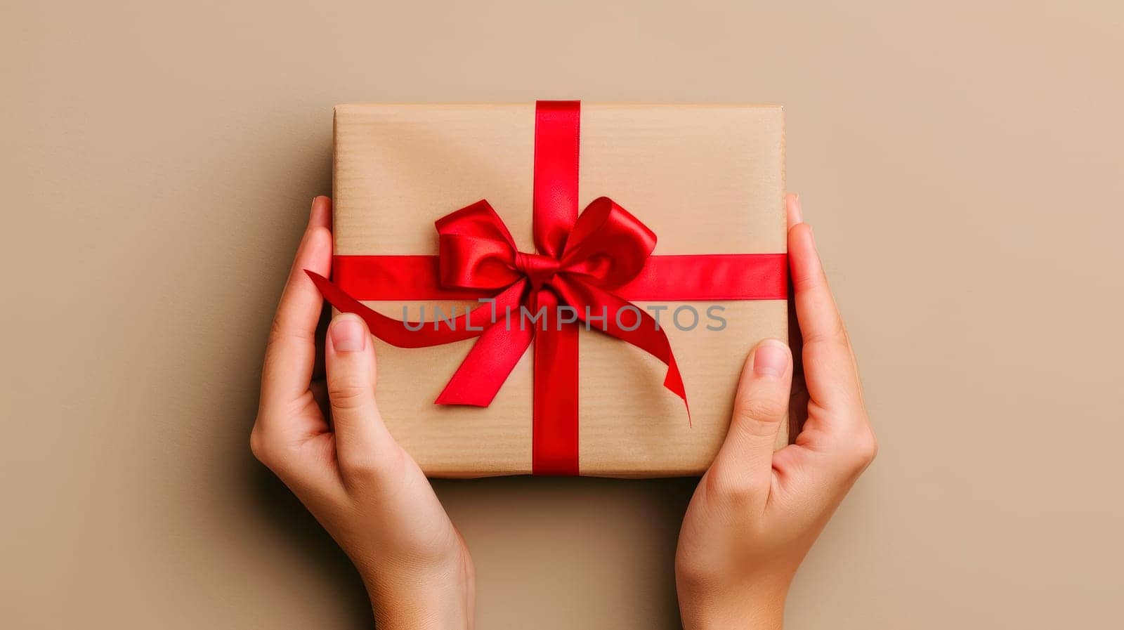 Female hands holding  gift box , top view. Copy-space. AI generated