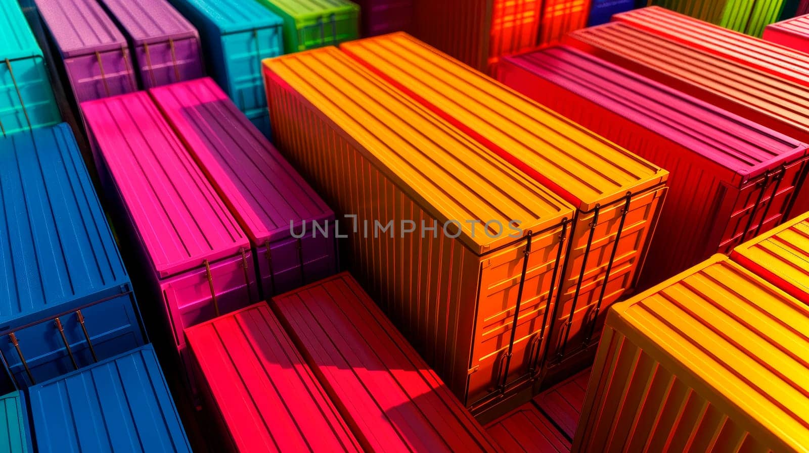 Stacks of colorful shipping containers, top view . AI generated