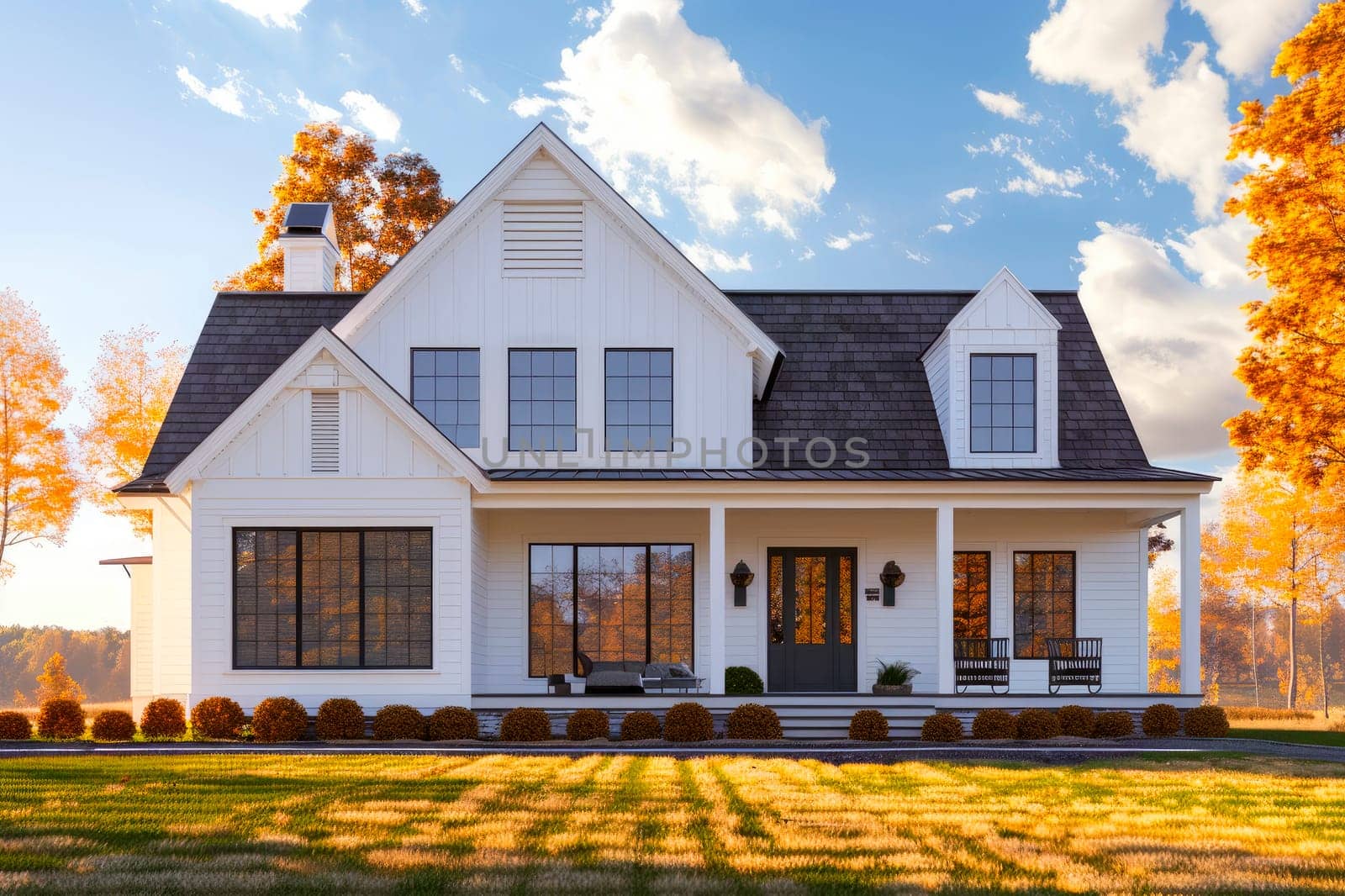 Modern farmhouse exterior with white walls and roof shingles. AI generated