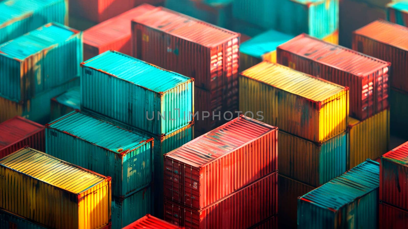 Stacks of colorful old shipping containers, top view . AI generated