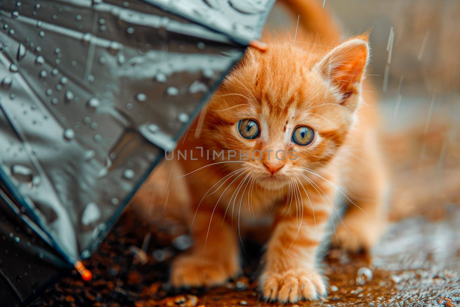 A cute kitten hiding under umbrella in the rainy day. AI generated