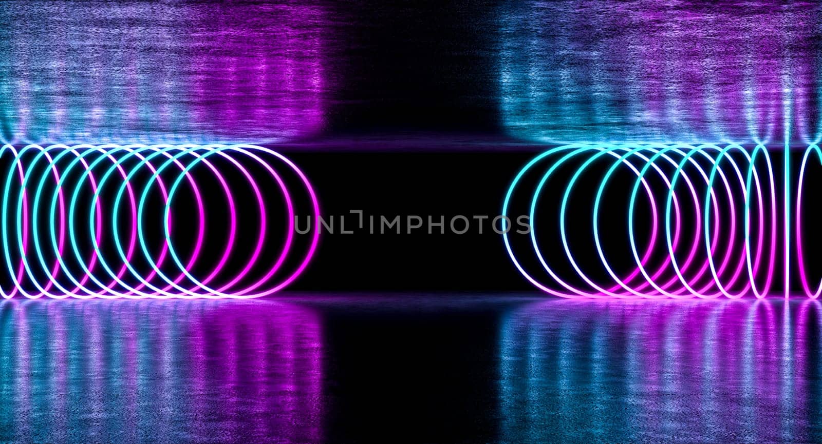 Neon lights purple  blue tunnel effect on a dark background 3d