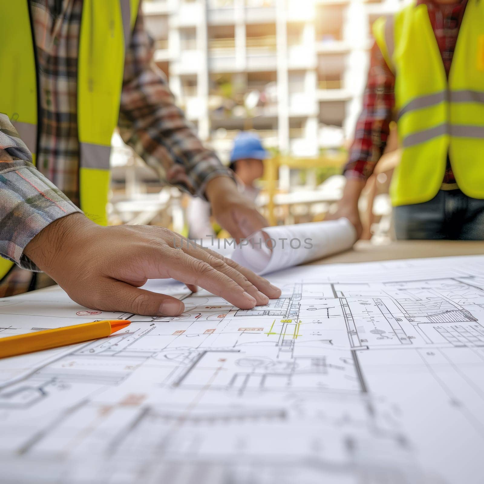 A construction blueprint with engineers discussing in the background. Hand pointing at the plan