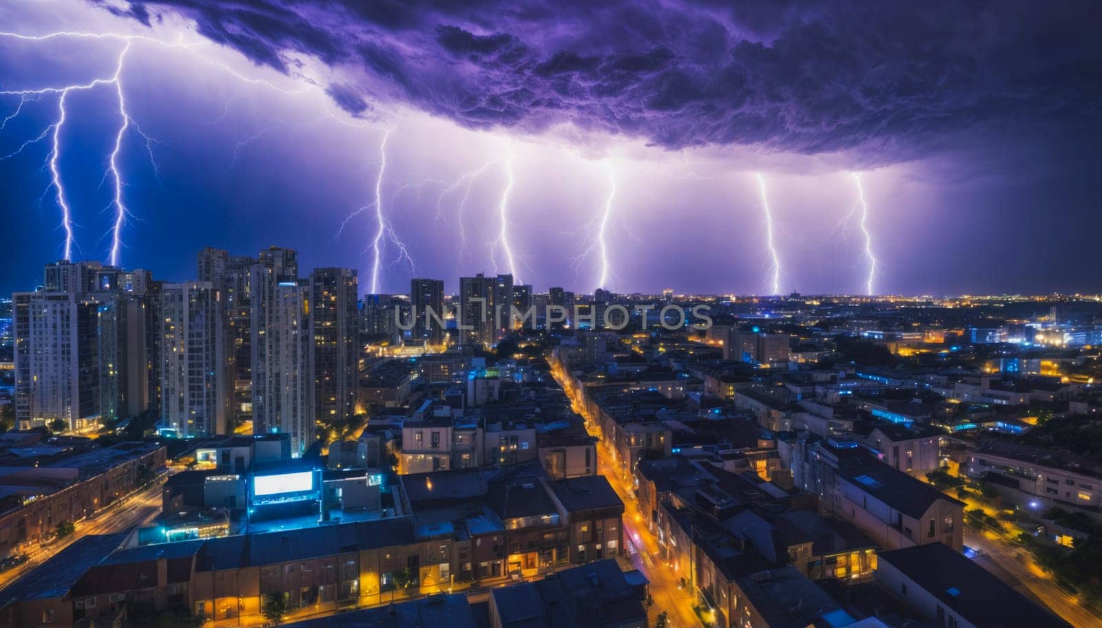 Dramatic Lightning Storm Over City Skyline at Night by rarrarorro