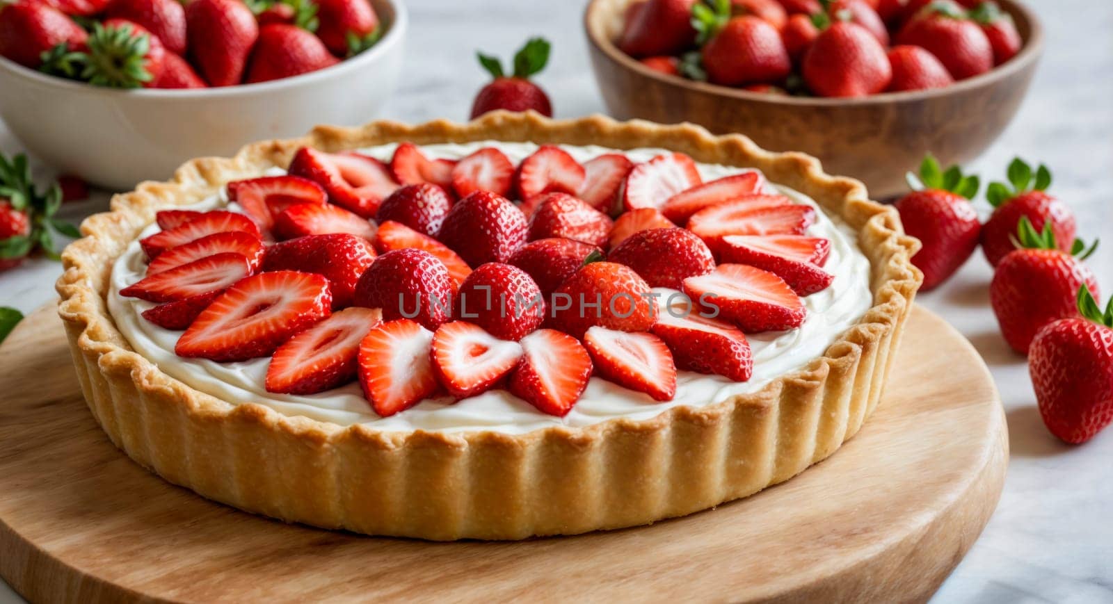 A close-up of a delicious strawberry tart with fresh cream, placed on a wooden board. The tart is garnished with sliced and whole strawberries, creating a visually appealing and appetizing dessert.