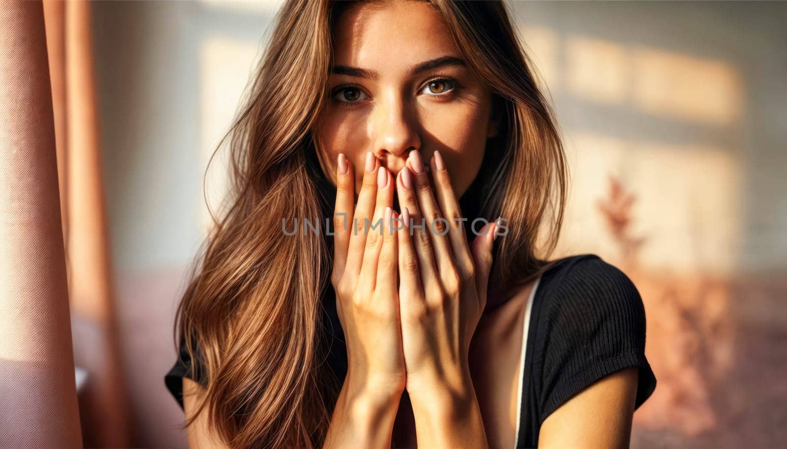A young woman in her 20s looking surprised, covering her mouth with her hands. She stands in a sunlit room with soft, natural lighting highlighting her expressive face.