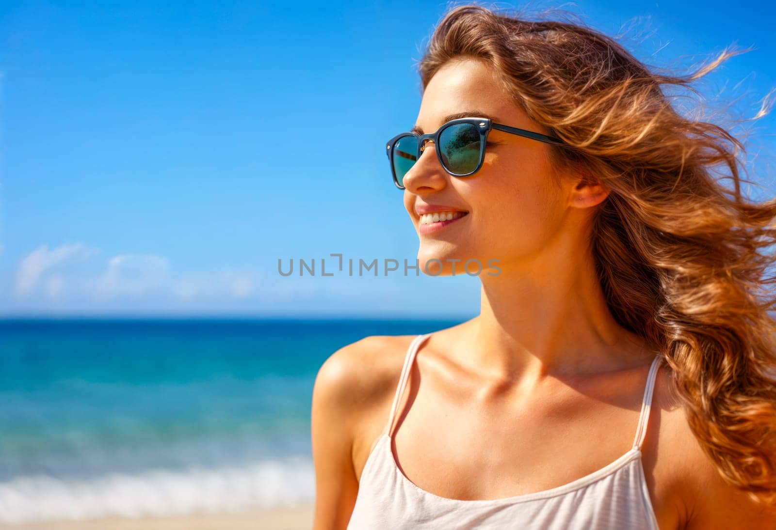 A young woman in her 20s wearing sunglasses, smiling and enjoying a sunny day at the beach. The clear blue sky and ocean in the background create a vibrant and joyful atmosphere