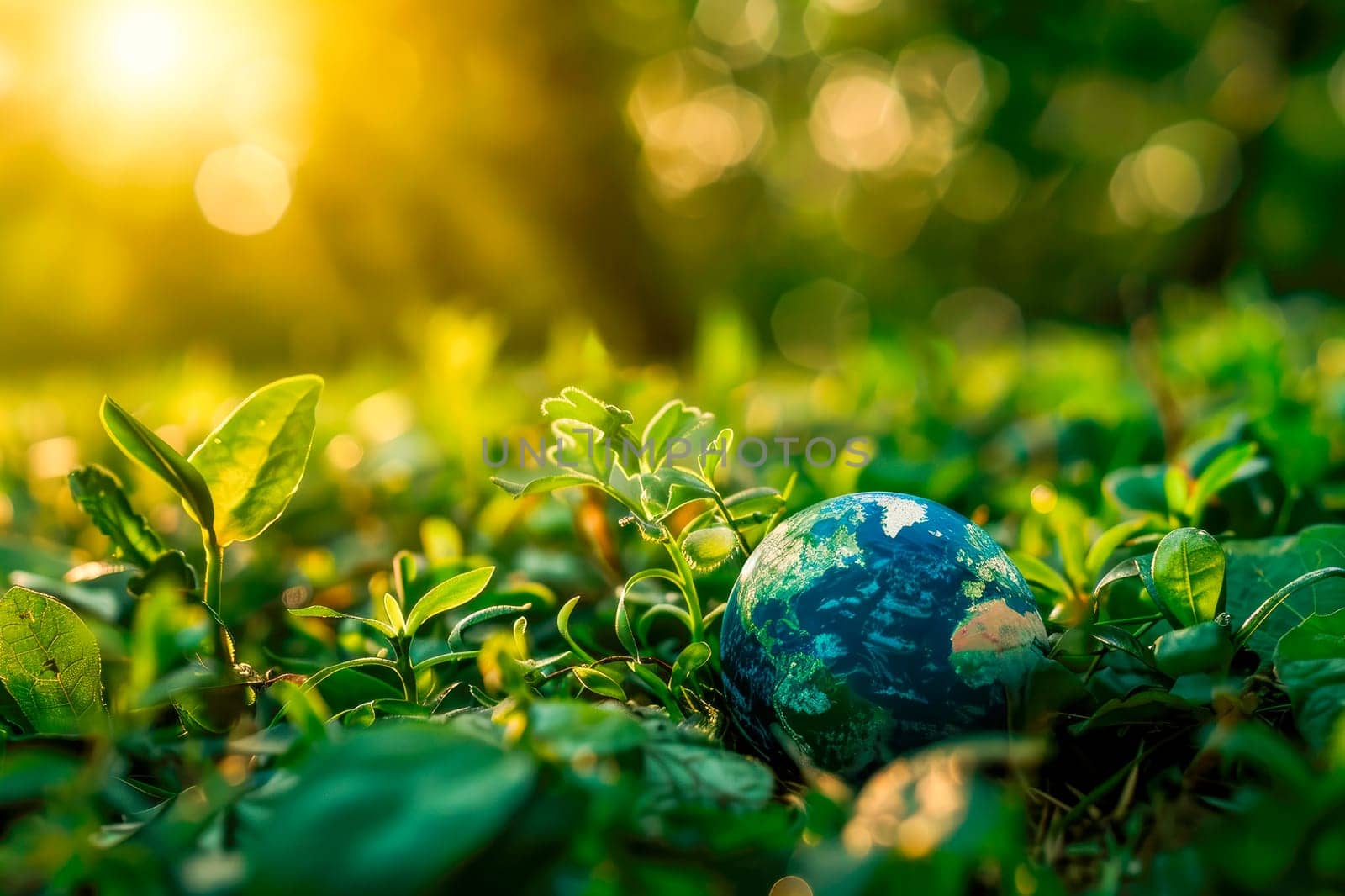 A globe on a morning grass. World earth day, save environment and planet, clean ecology. AI generated