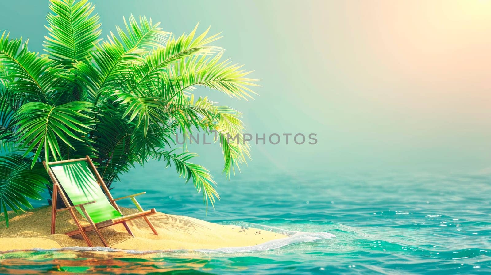 A beach chair stand next to a green palm tree on a sand island in the middle of the tropical sea. AI generated