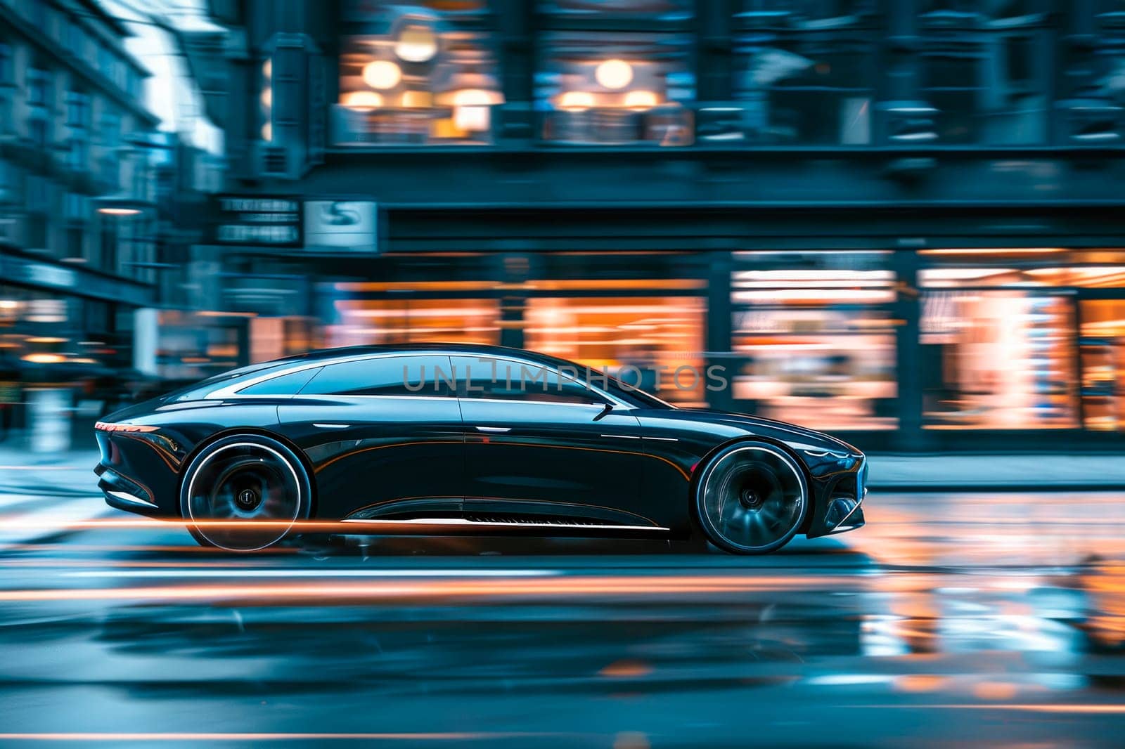 Black car moving in a night city, blured road with lights with car on high speed. Concept rapid rhythm of a city. AI generated