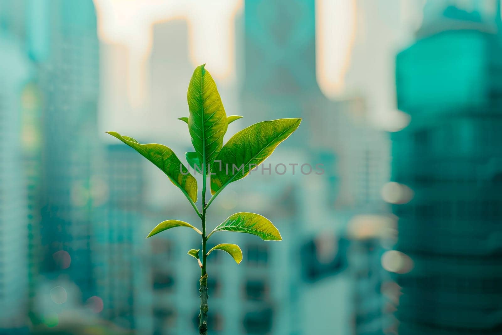 Growth of plant on urban background. Go green, ecology concept. AI generated