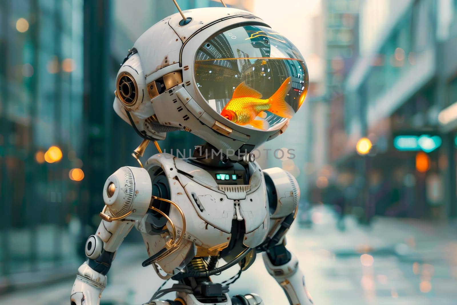 Robot with a head made out of a fish bowl with a golden fishes inside. Conceptual image. AI generated