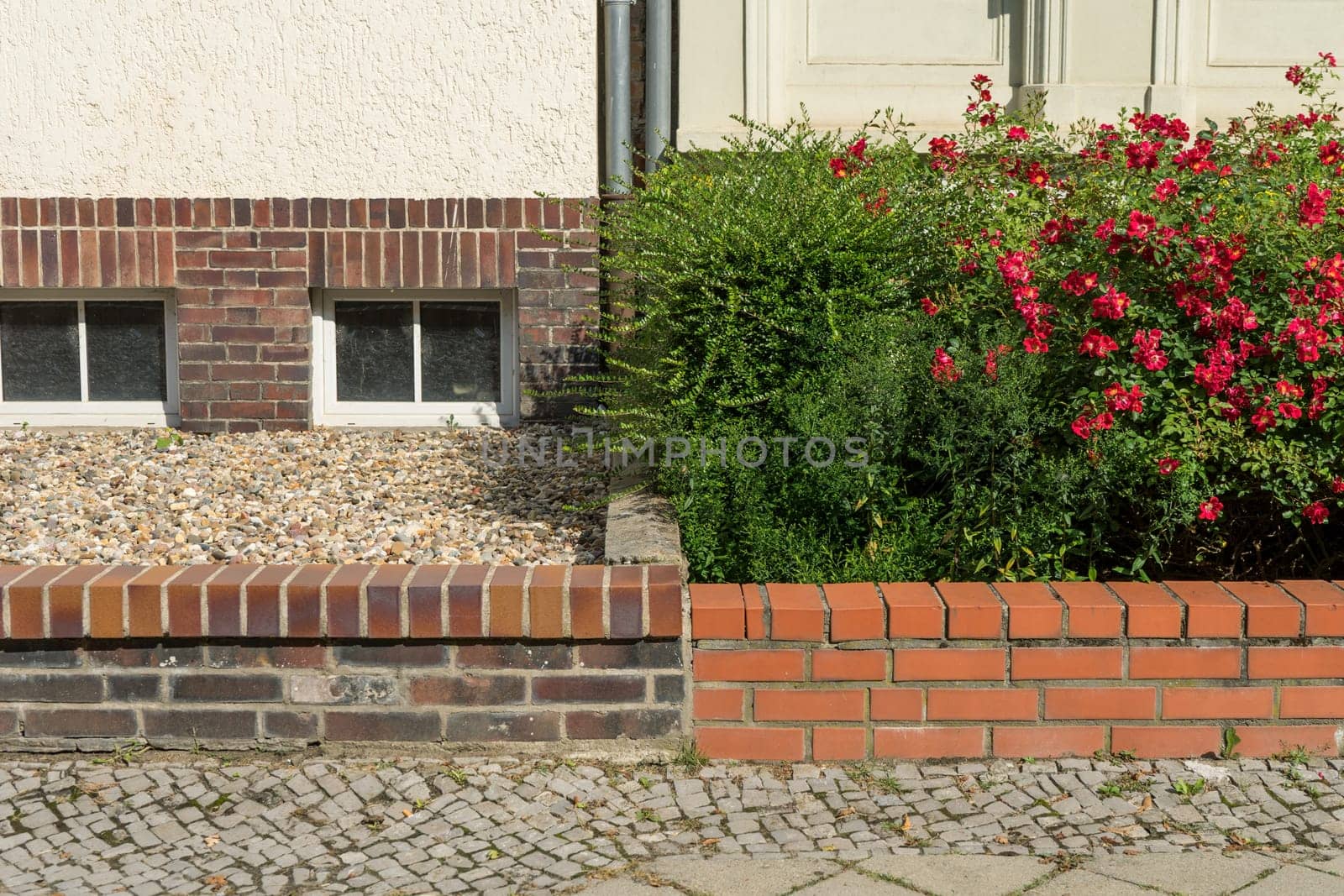 Two front gardens with and without plants in summer