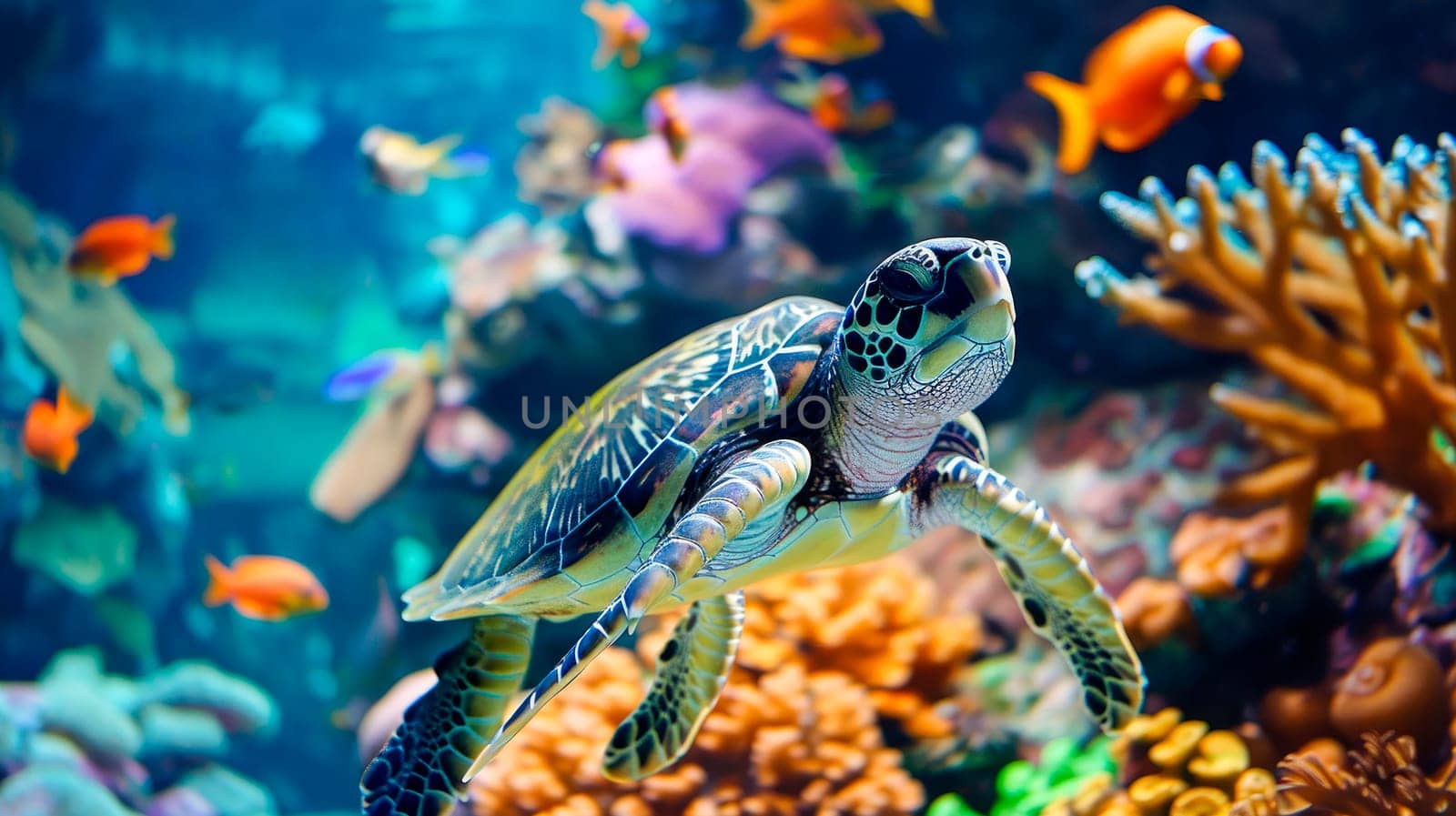 A sea turtle floating over coroful corals under water surface. AI generated