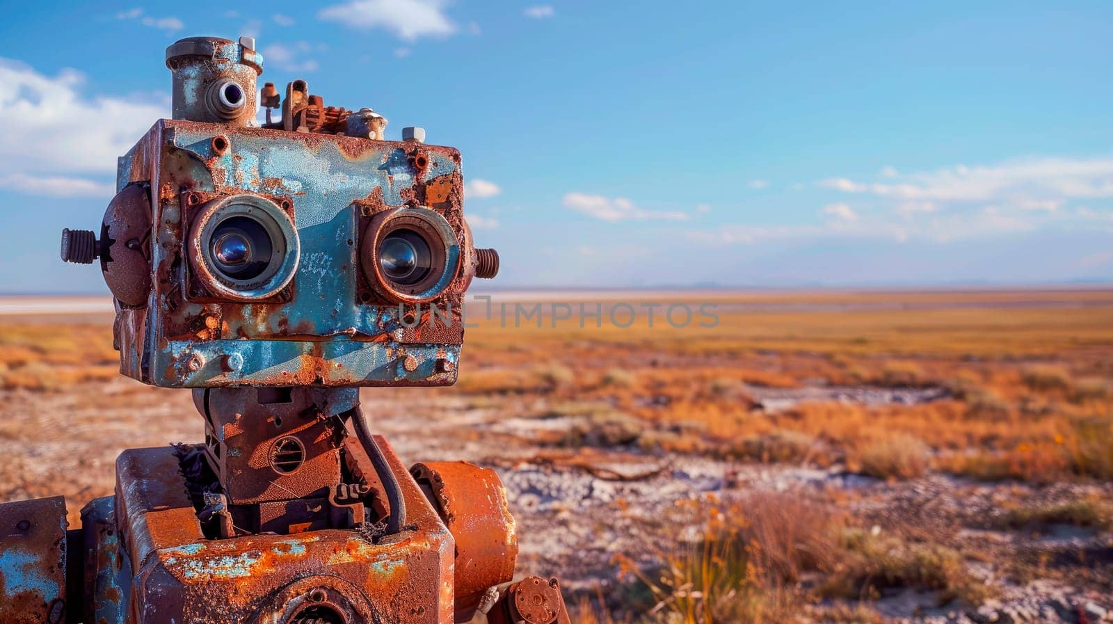 Close-up of  rusty robot made from old parts, standing on a desert. AI generated