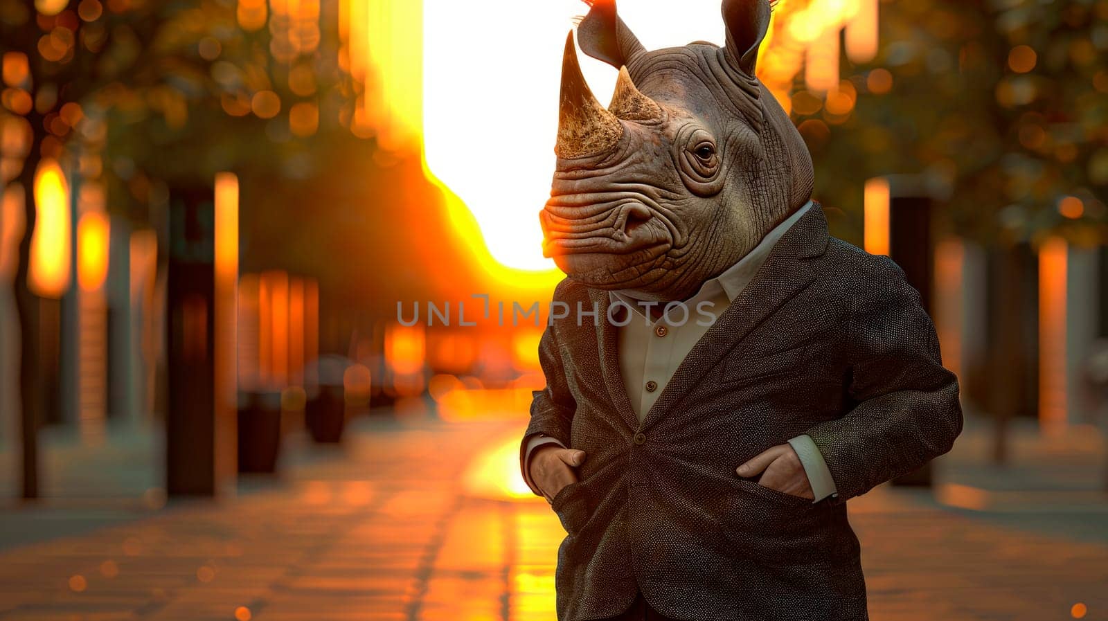 A rhinoceros wearing a business suit, holding his hands in a pockets and standing on the street at sunset. AI generated