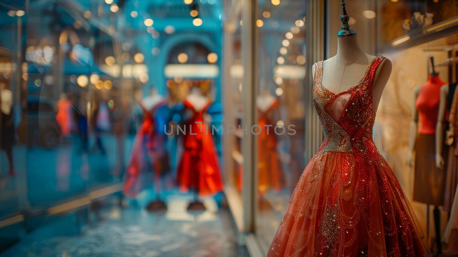 Mannequin with luxury dress in a shop window showcase of mall market. AI generated
