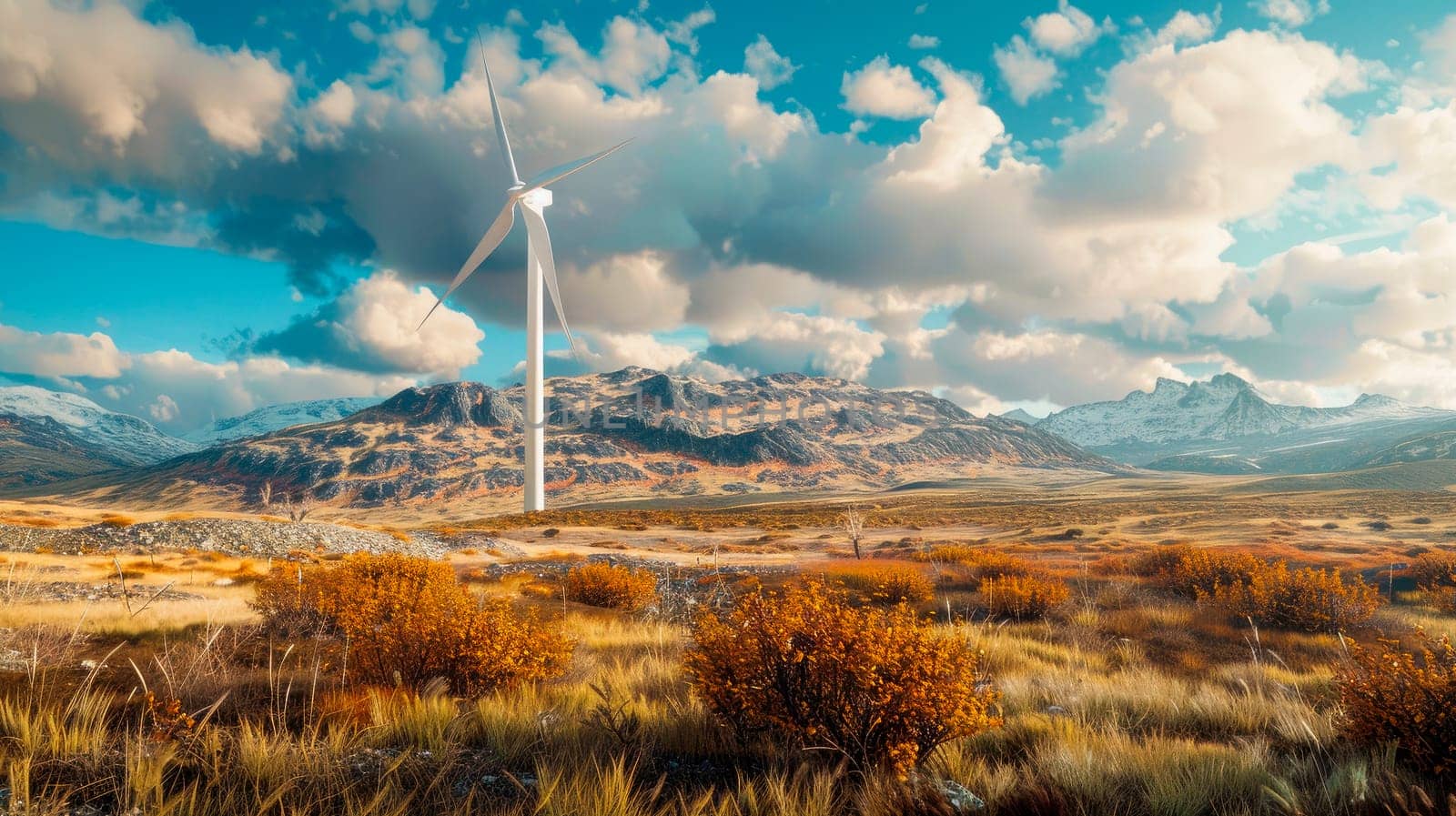 Wind renewable energy. Windmill in the highlands. Production of electric energy. AI generated