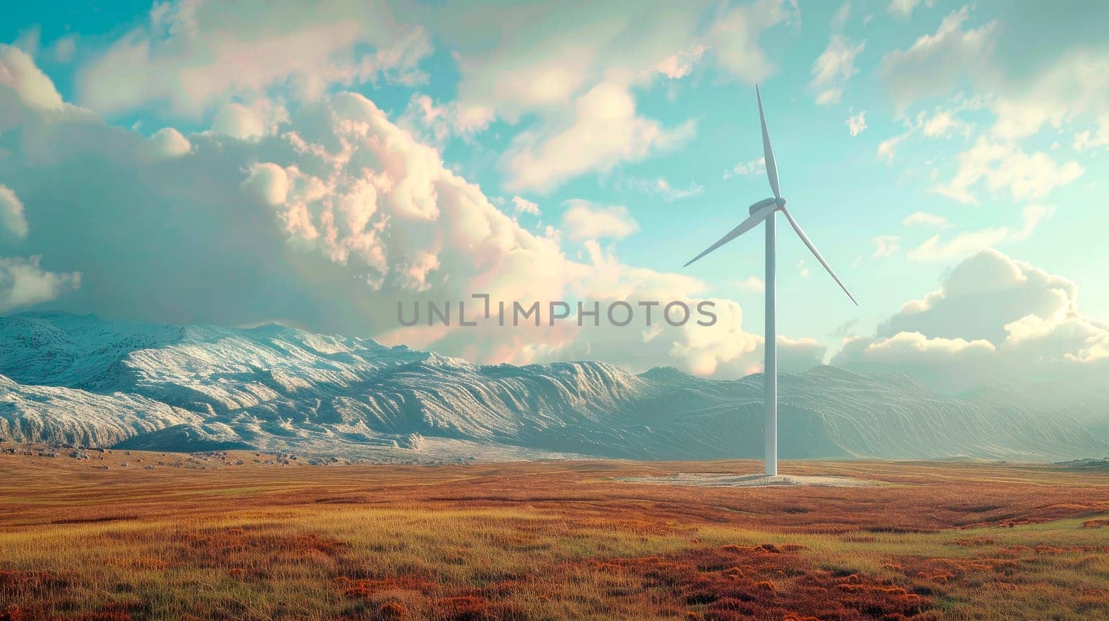 Wind renewable energy. Windmill in the highlands. Production of electric energy. AI generated