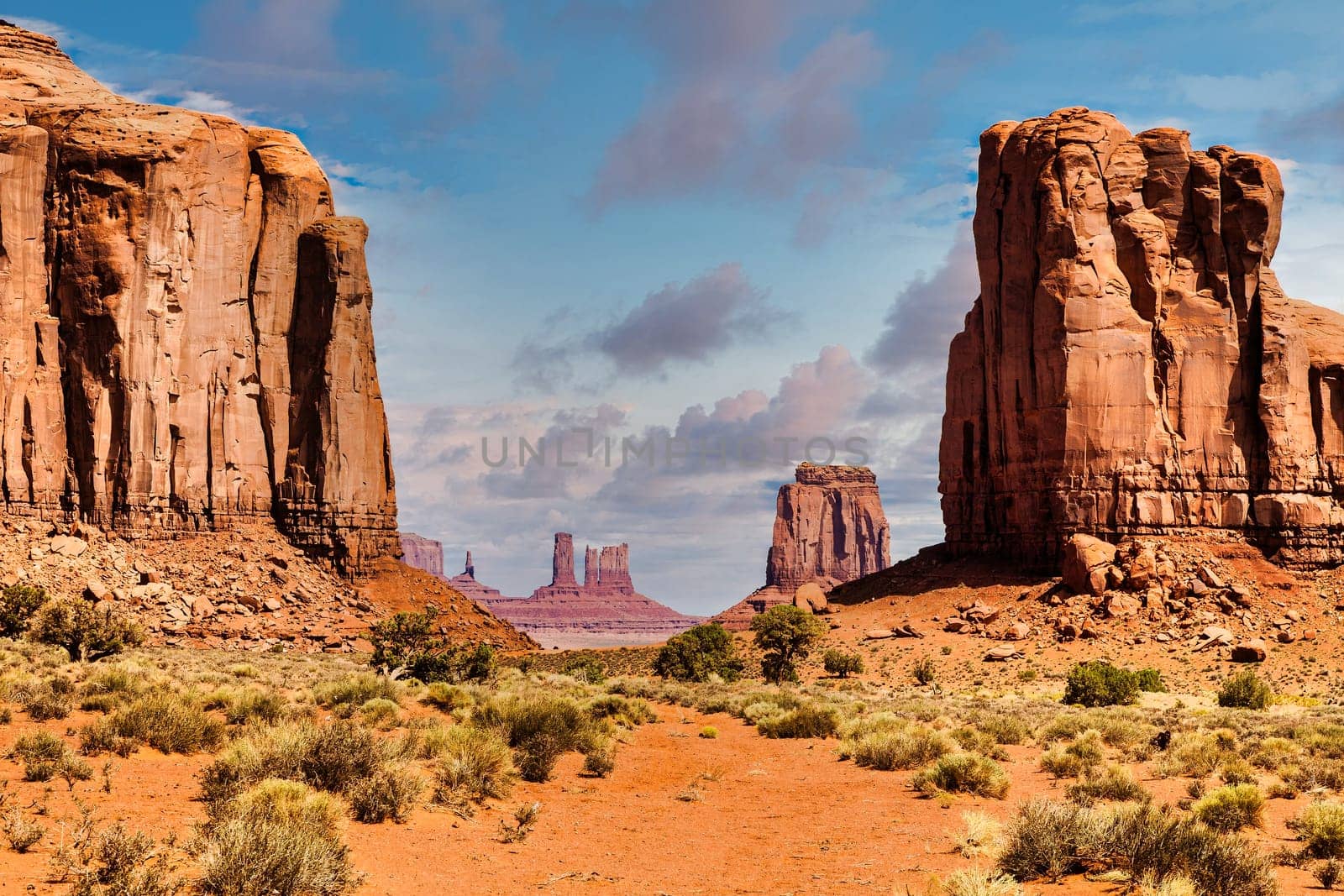 Monument Valley horizon, US, Navajo canyon park. Scenic sky, nature and rock desert.