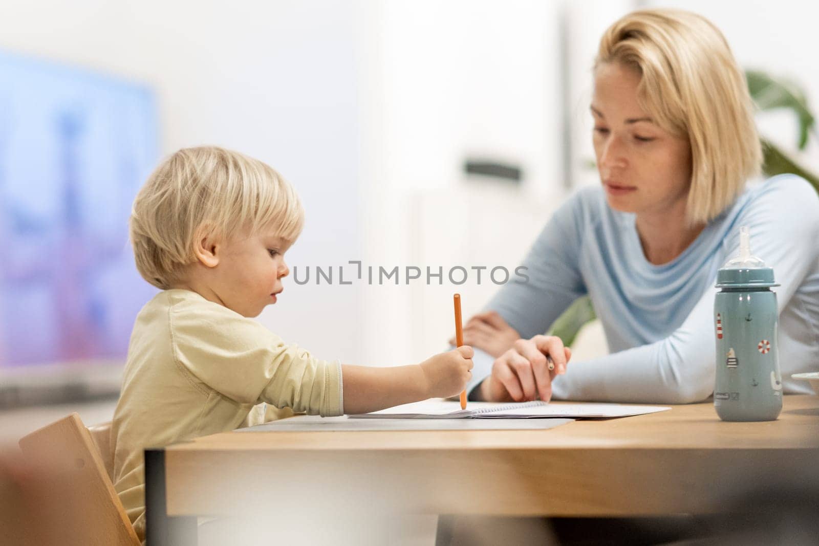 Caring young Caucasian mother and small son drawing painting in notebook at home together. Loving mom or nanny having fun learning and playing with her little 1,5 year old infant baby boy child