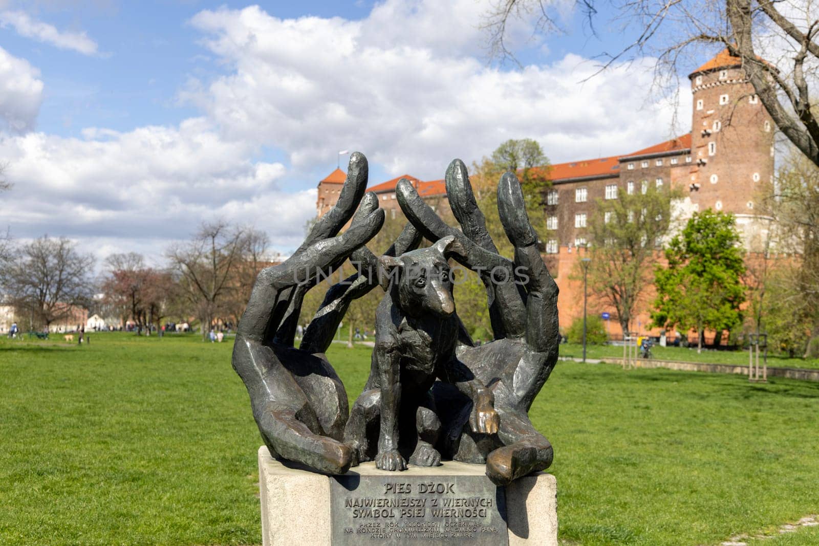 Krakow, Poland - April 3, 2024: Dżok Monument created by Bronislaw Chromy in 2001. Statue is symbol of canine fidelity. The dog waited a year for its owner at Roundabout Grunwaldzki