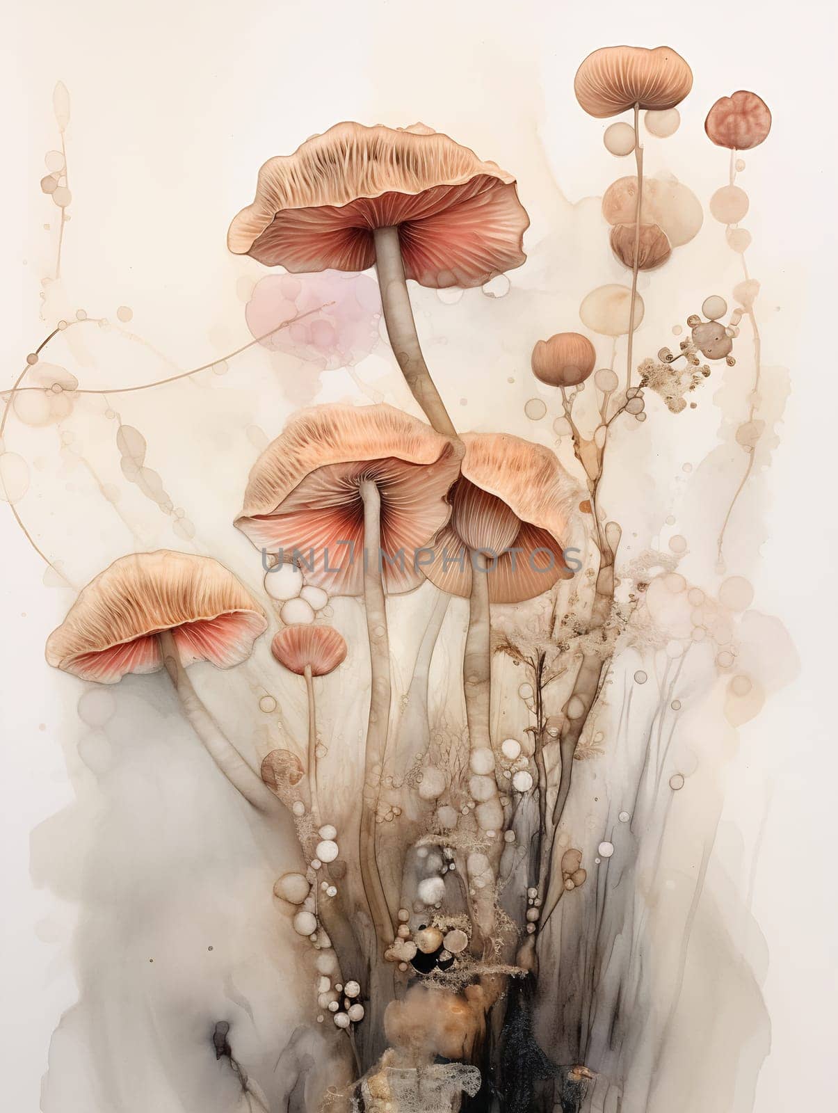 Delicate mushrooms with soft colors emerge from a whimsical background, showcasing nature beauty through artistic expression.