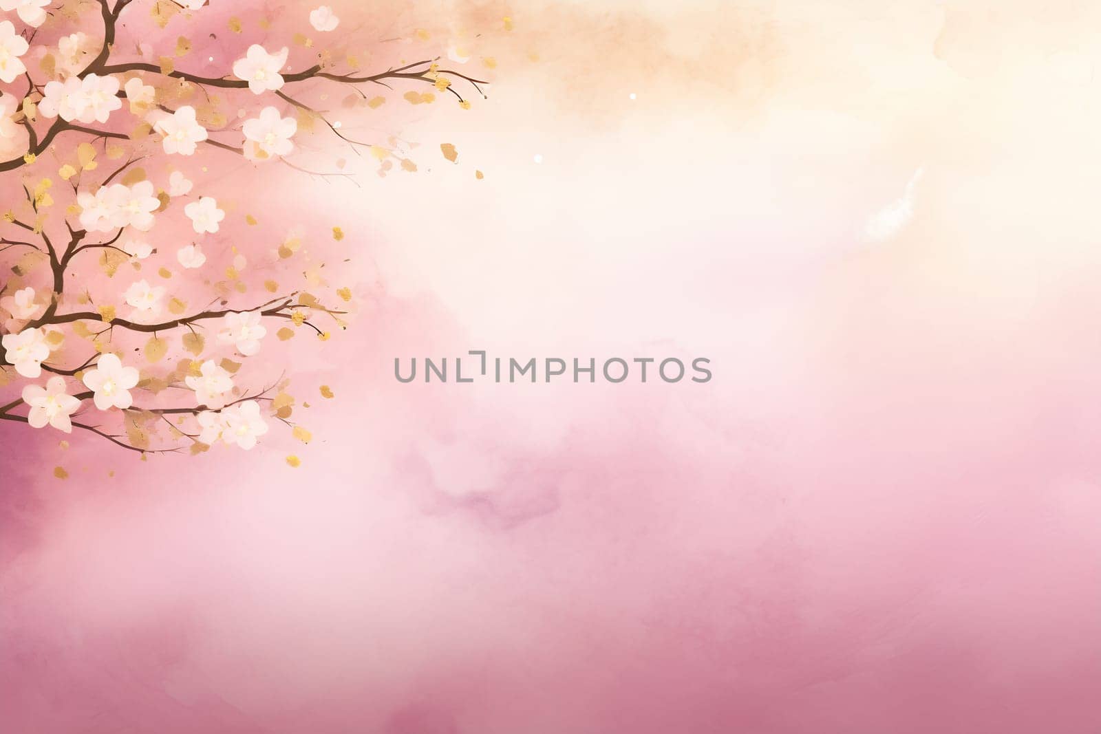 Cherry blossom tree branches extend across a soft pink background, embodying the beauty of spring and renewal.